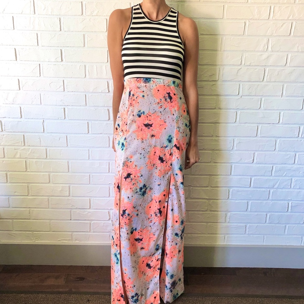 Floral stripe high slit neon racer back maxi dress
